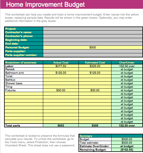Home Improvement Budget Template Home Improvement Budget Template