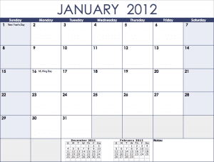 2012 Monthly Calendar Template