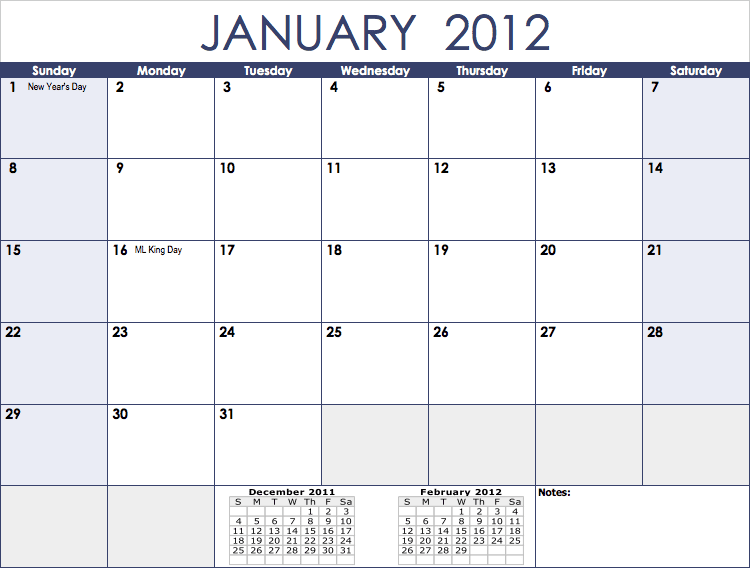 2012 Monthly Calendar