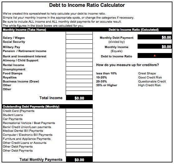 Debt to Income Ratio Calculator Template