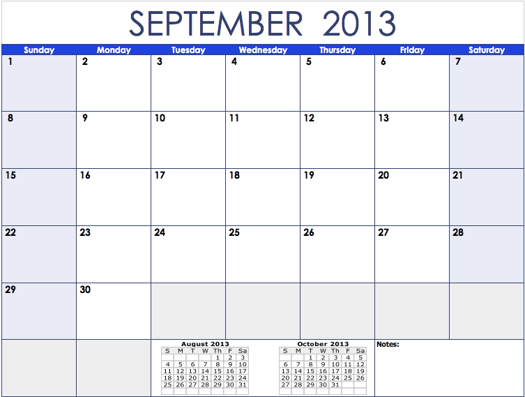 2013 Monthly Calendar For Numbers