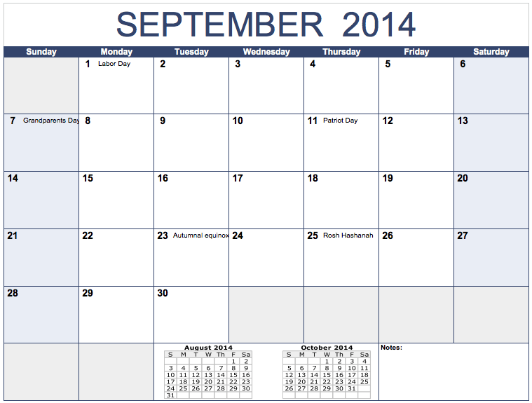 2014 Monthly Calendar Template for Numbers