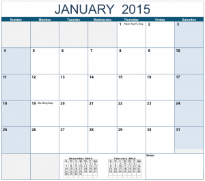 Horizontal 2015 Monthly Calendar Template for Numbers