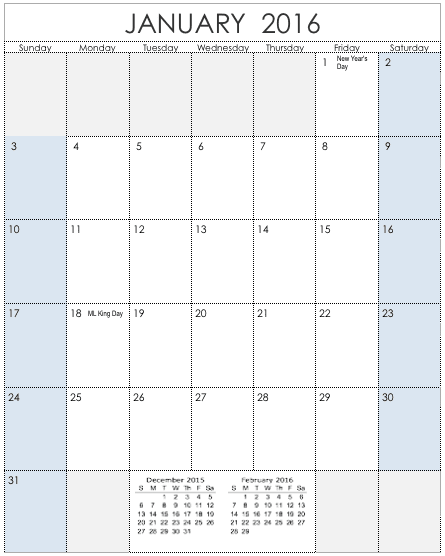 2016 Vertical Calendar Template for Numbers