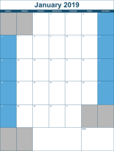 2019 Vertical Monthly Calendar Template for Numbers