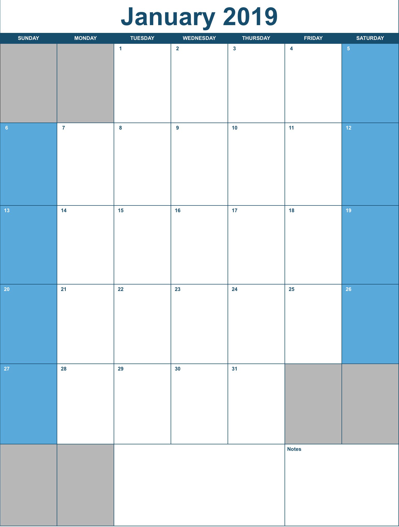 2019 Vertical Monthly Calendar Template for Numbers | Free iWork Templates