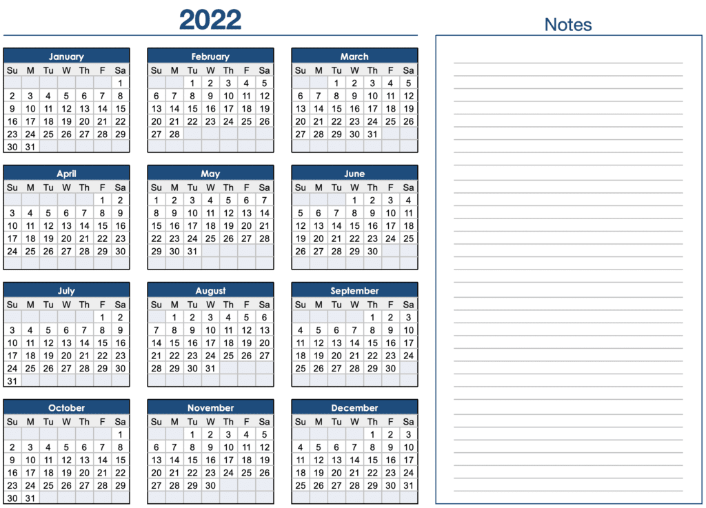 2022 Horizontal Yearly Calendar Template for Numbers