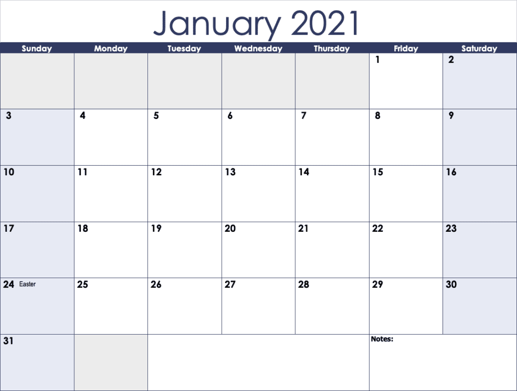 January 2021 image. Sheet one from the 2021 Horizontal Monthly Calendar Template for Numbers.