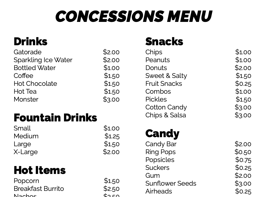 Pages Concessions Stand Menu