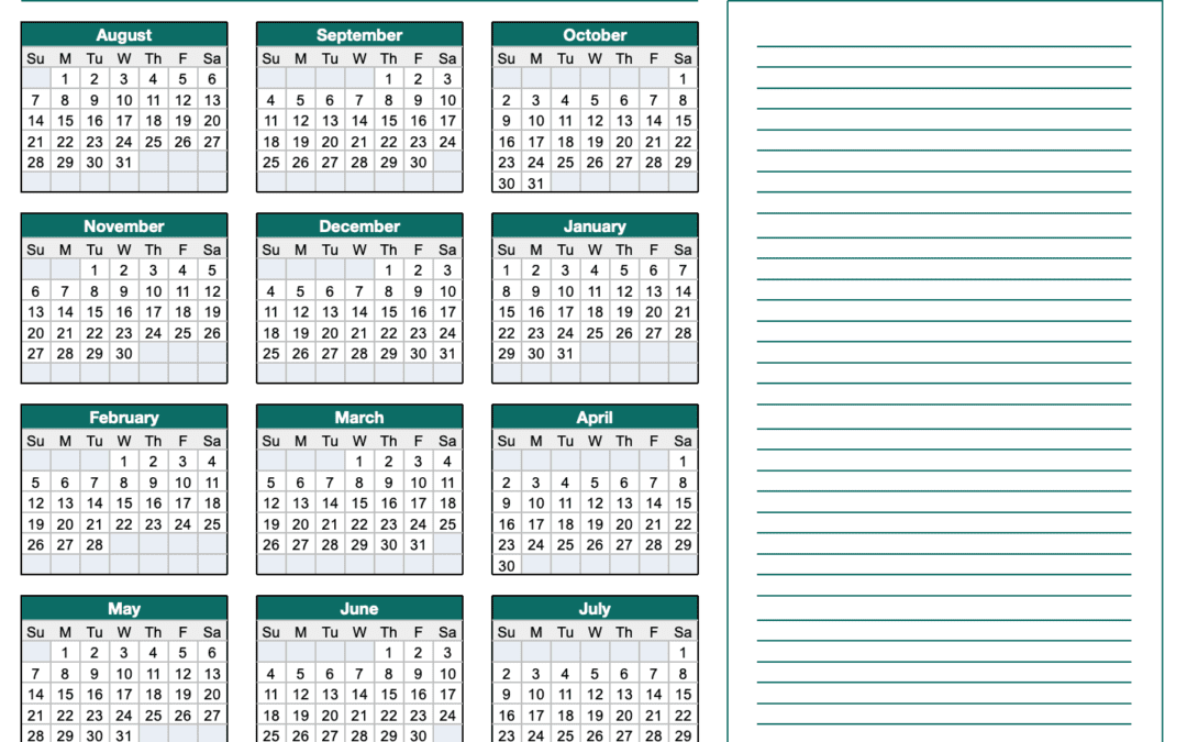 Modern Teal 2022-2023 Horizontal School Yearly Calendar Template with Notes