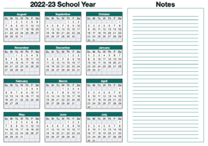 Modern Teal 2022-2023 Horizontal School Yearly Calendar Template with Notes for Numbers