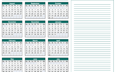 Modern Teal 2022-2023 Horizontal School Yearly Calendar Template with Notes
