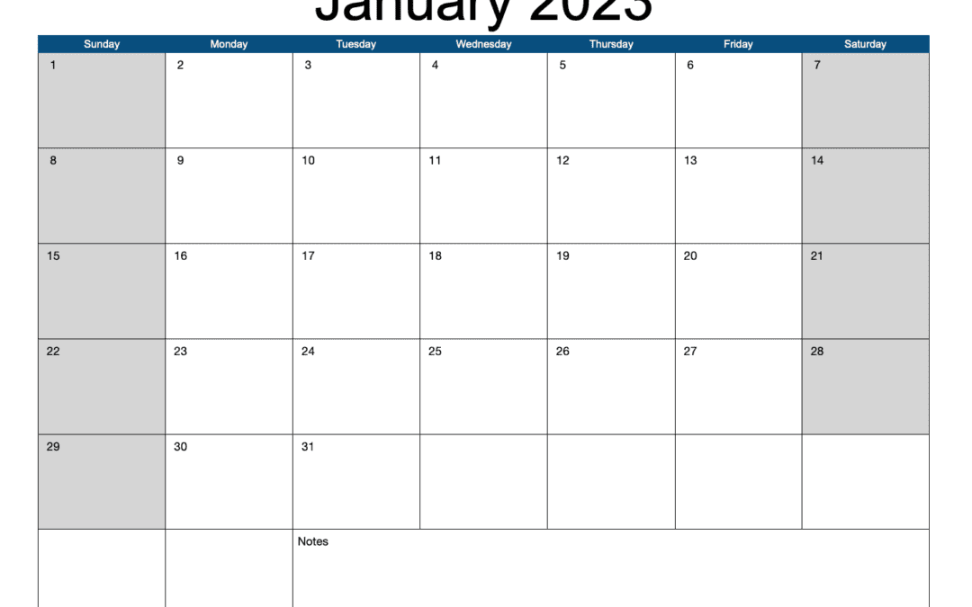 2023 Monthly Calendar Template Horizontal Blue